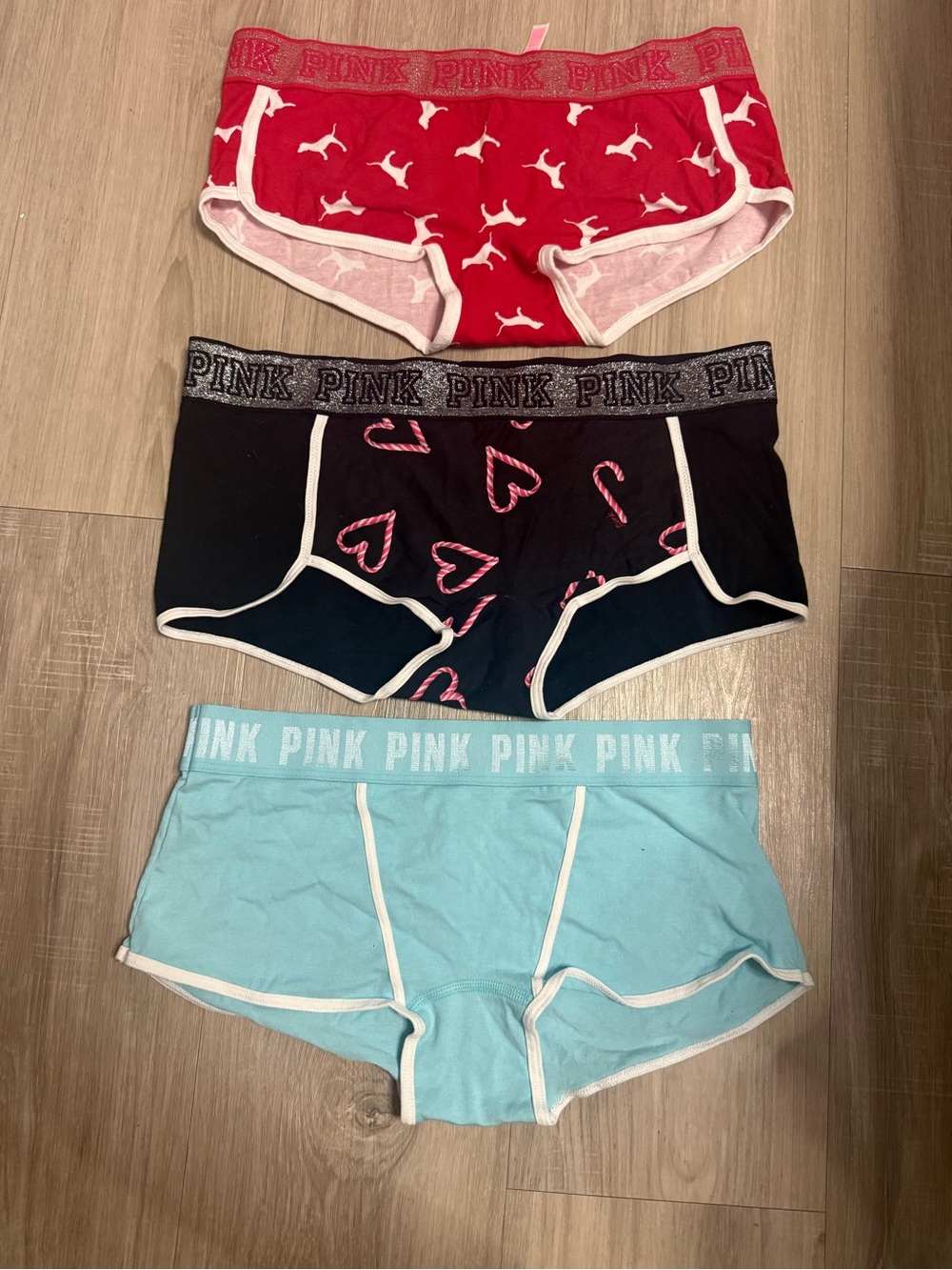 PINK Cotton Boyshort Panty Trio - Red, Black, Light Blue